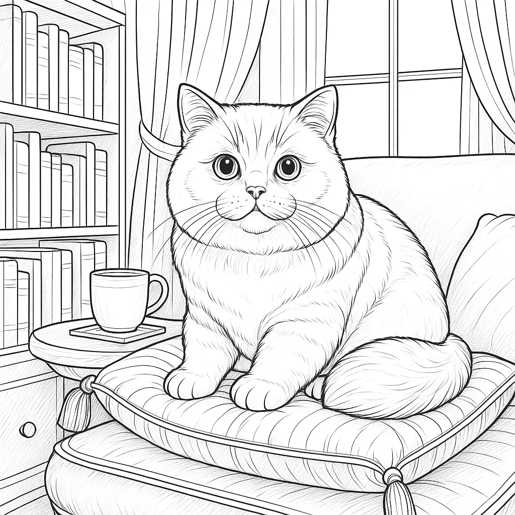 Ausmalbild einer Britisch Kurzhaar Katze auf einem Kissen in einer gemütlichen Leseecke mit Bücherregal und Teetasse