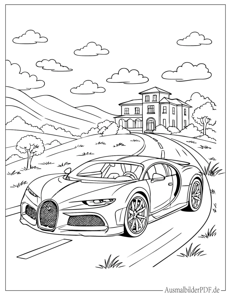 Malvorlage eines Bugatti vor einem Haus auf dem Hügel für Kinder, perfekt zum Ausdrucken und Ausmalen