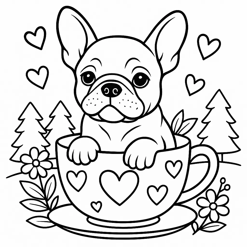 Ausmalbild mit Französischer Bulldogge, die in einer Teetasse mit Herzmotiven sitzt, umgeben von Blumen und Bäumen