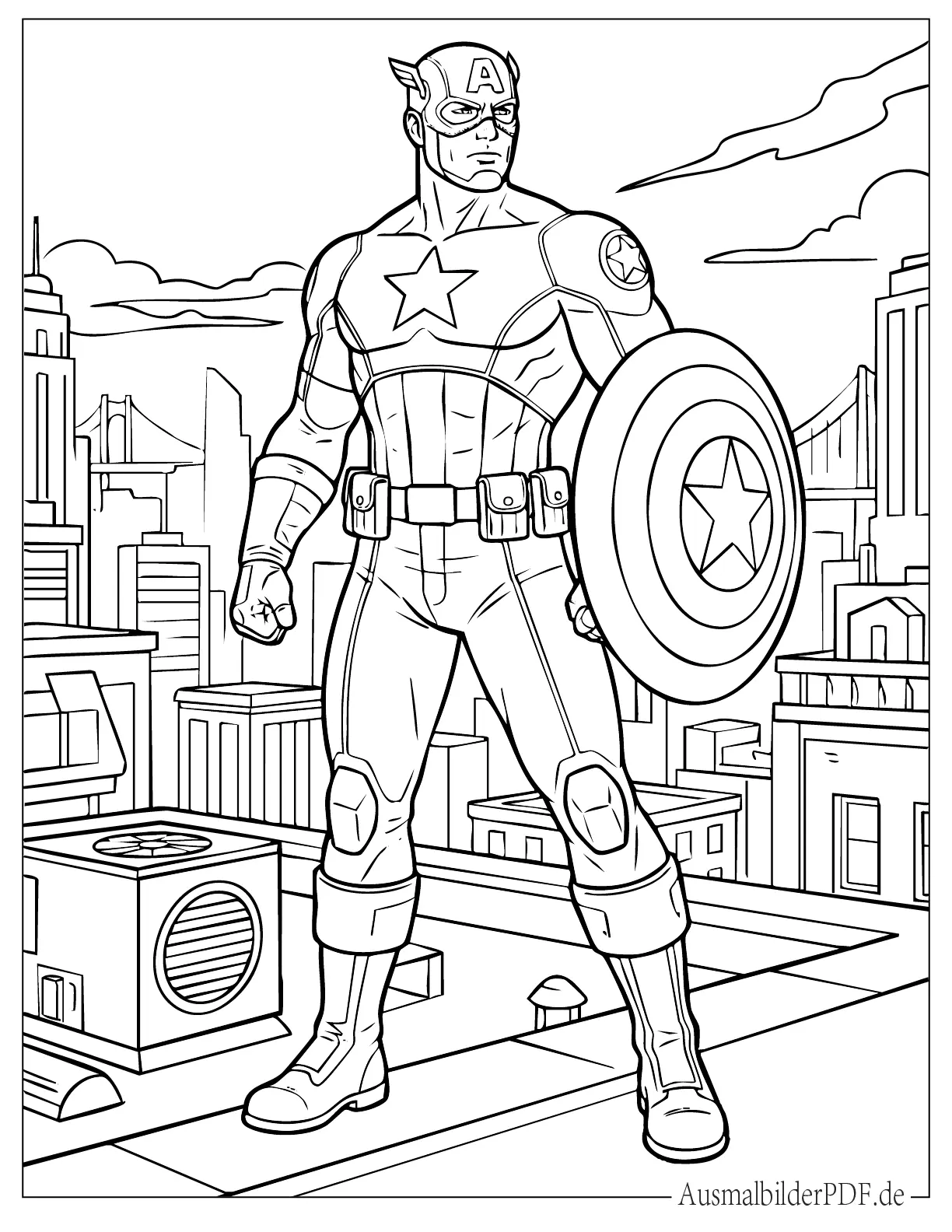 Ausmalbild von Captain America steht auf Gebäude