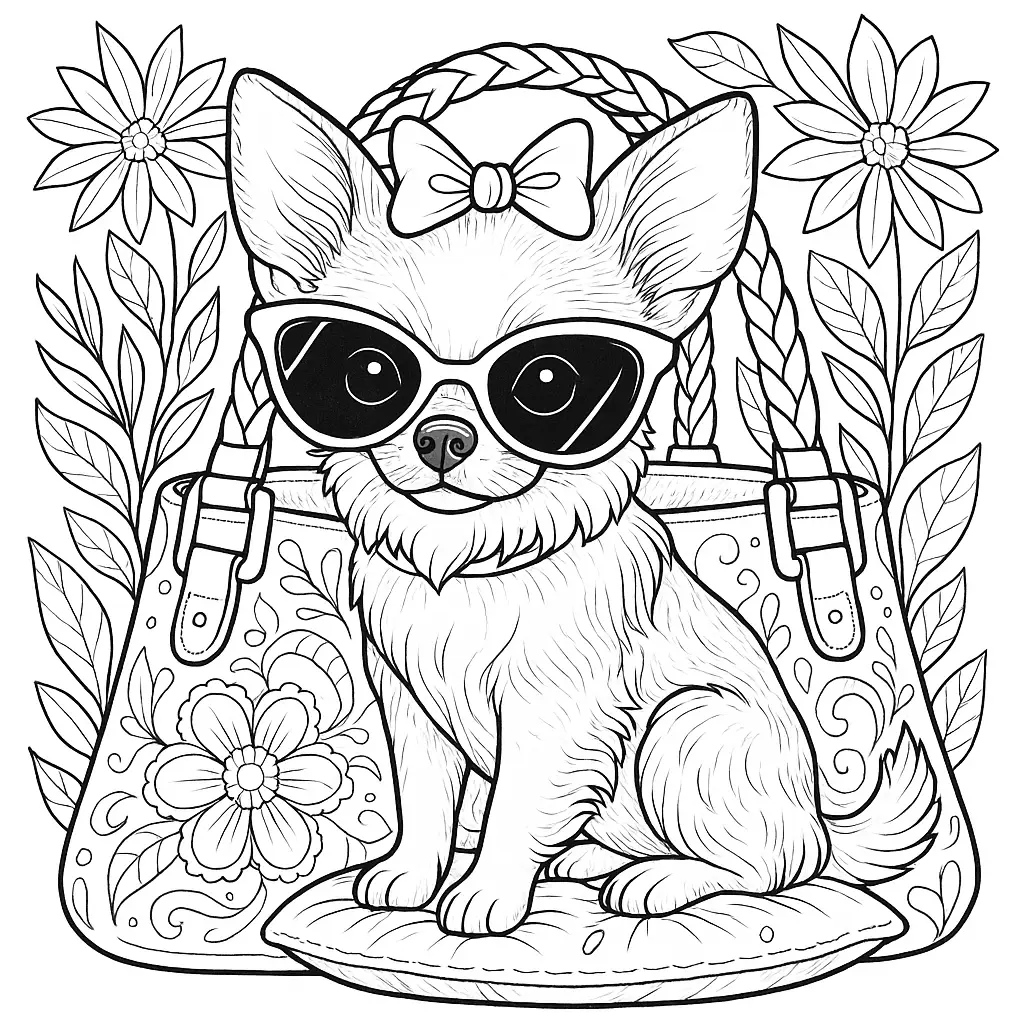 Ausmalbild mit Chihuahua, der in einer verzierten Handtasche mit Sonnenbrille und Schleife sitzt, umgeben von Blumen