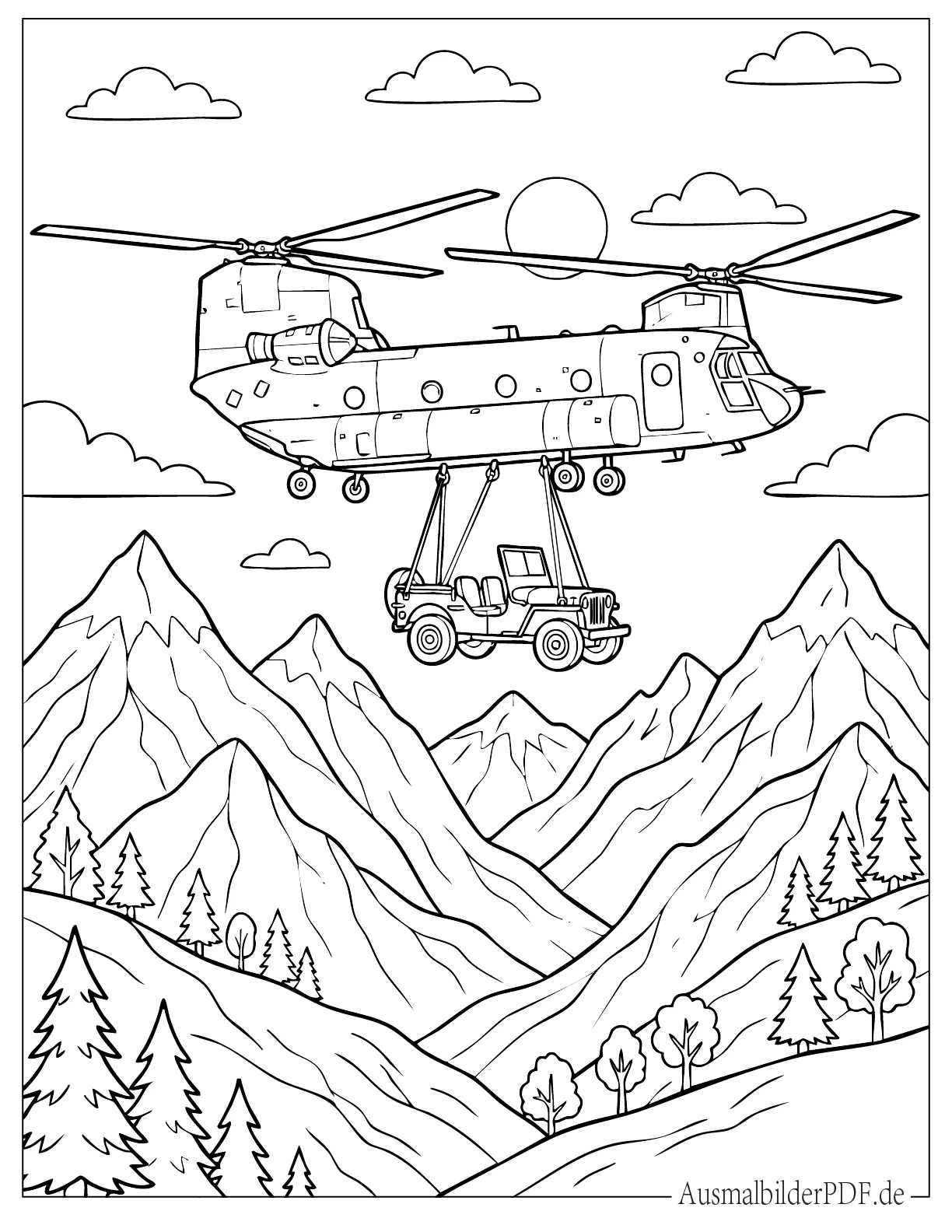 Ausmalbild von Chinook Hubschrauber trägt einen Jeep über eine Bergkette