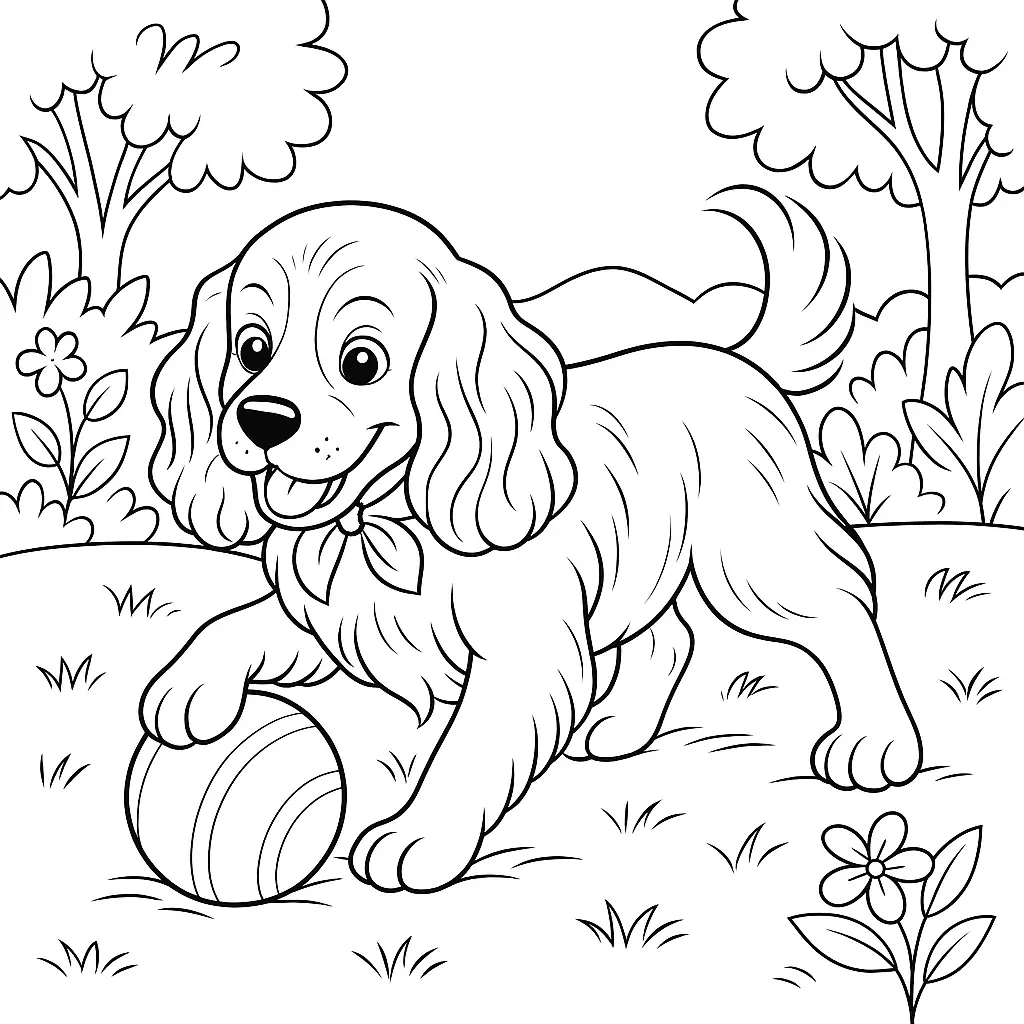 Ausmalbild mit Cocker Spaniel, der draußen im Garten fröhlich mit einem Ball spielt