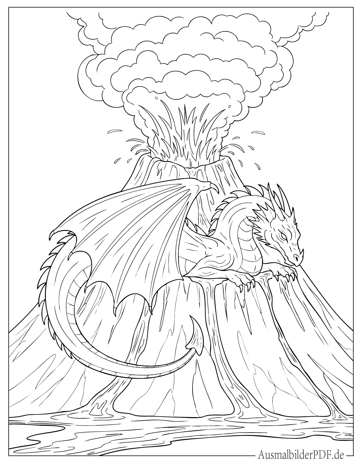 Ausmalbild Drache schläft auf einem Vulkan