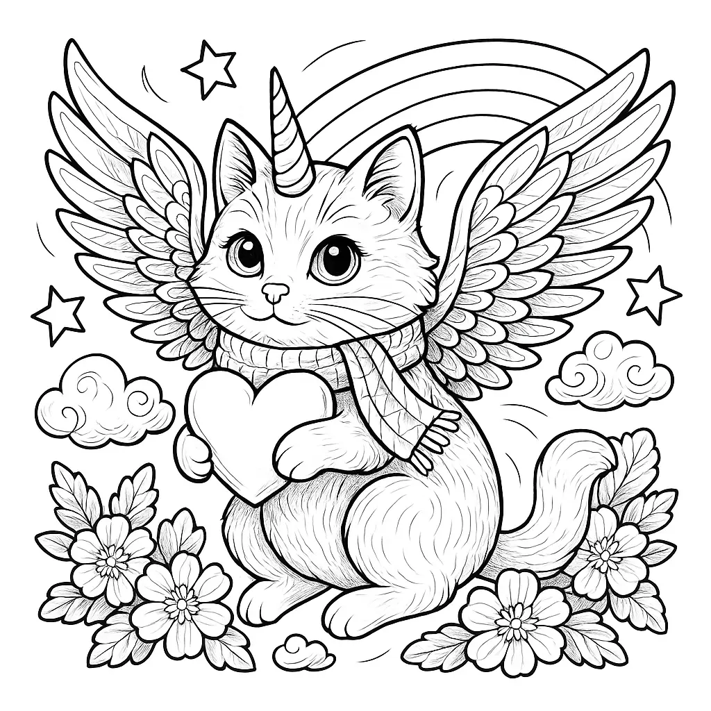 Ausmalbild einer Einhornkatze mit Regenbogenflügeln fliegt durch die Wolken