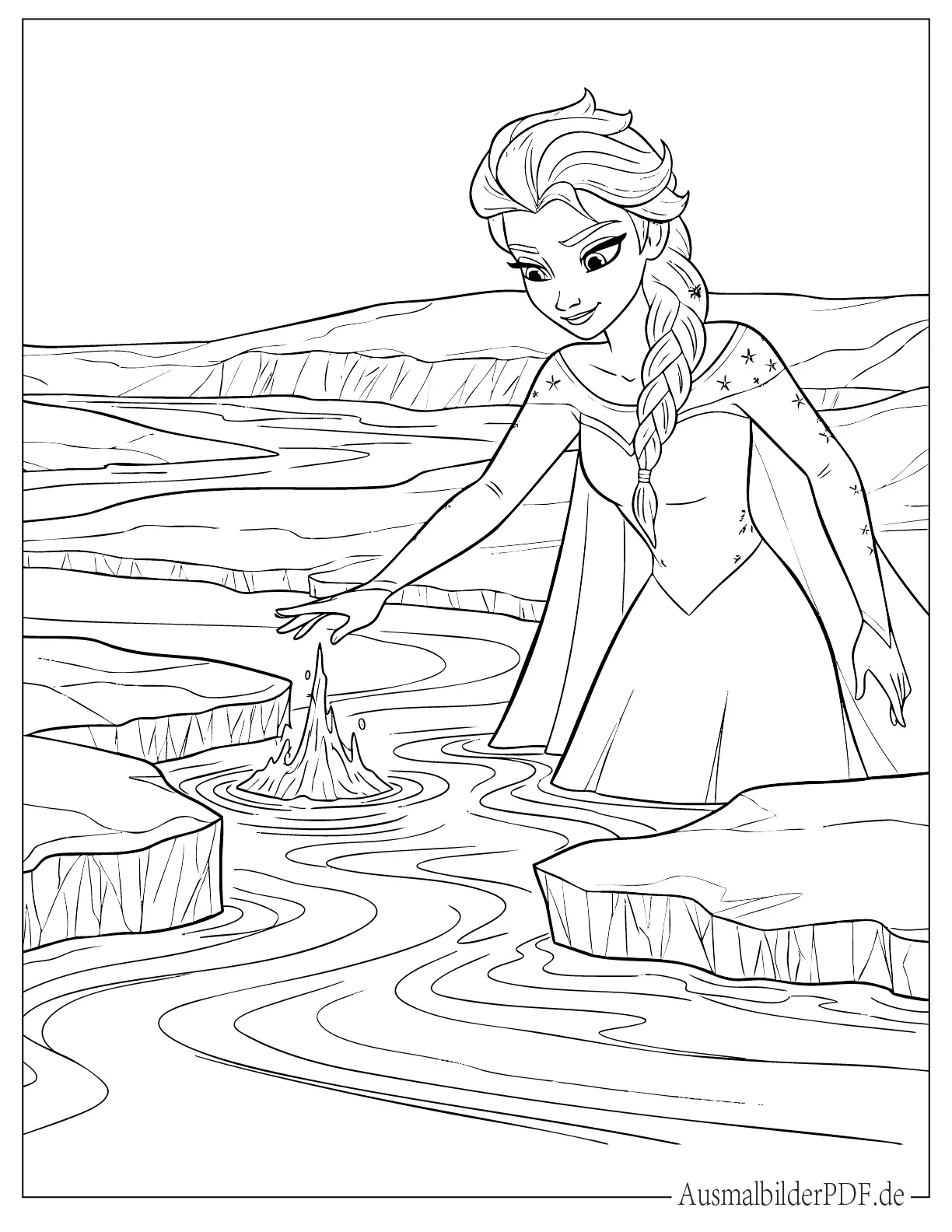 Ausmalbild Prinzessin Elsa gefriert einen Fluss zum Ausdrucken