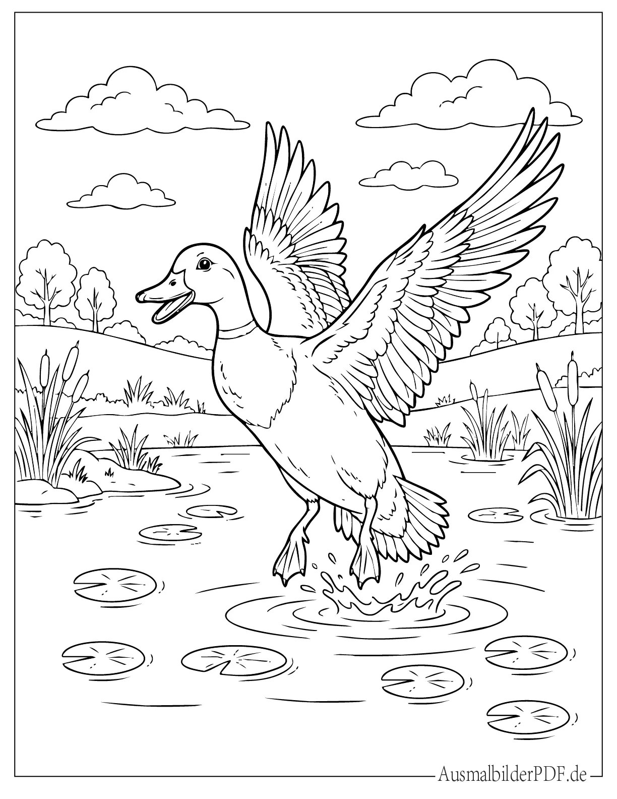 Ausmalbild Ente mit ausgebreiteten Flügeln bereit zum Fliegen