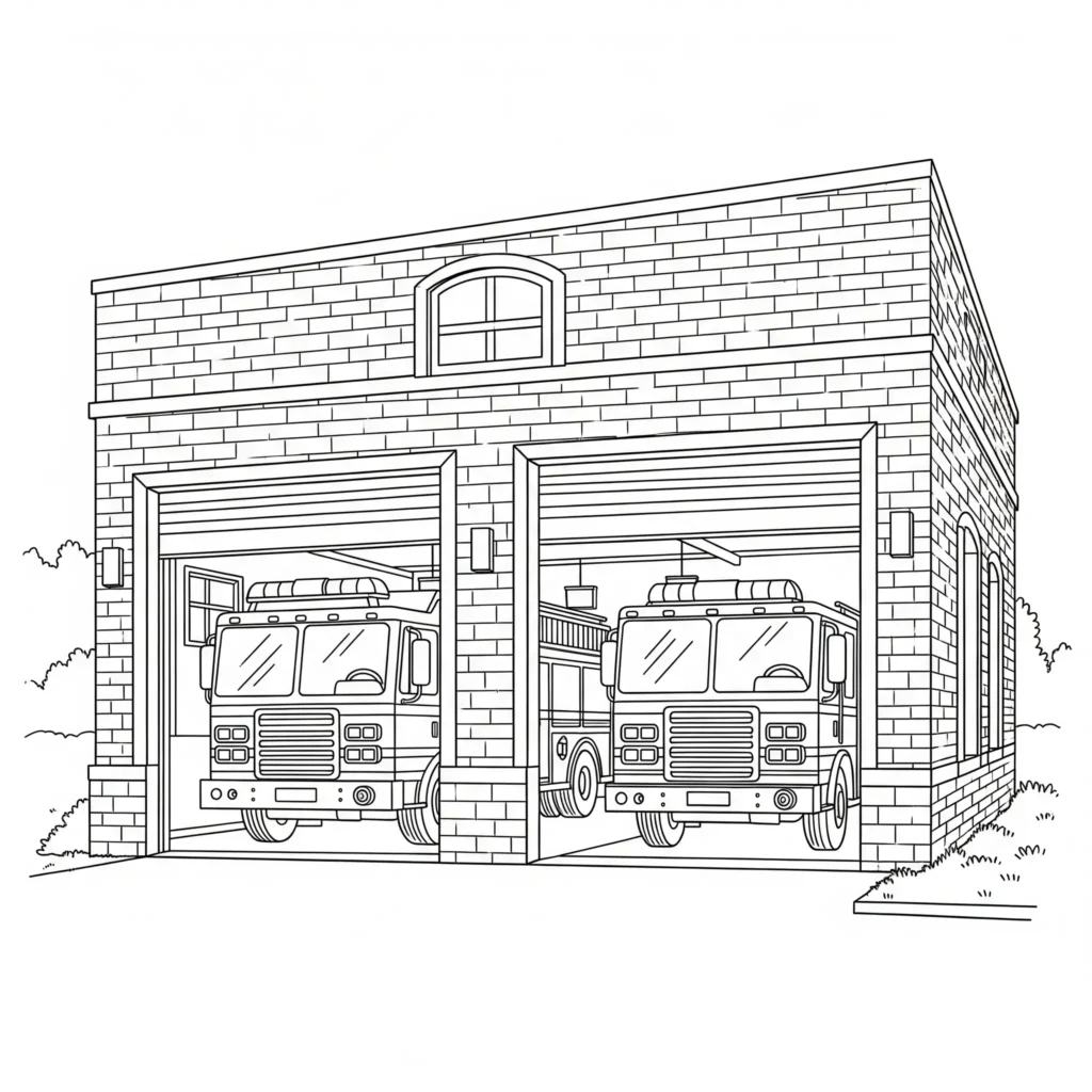 Eine Feuerwache mit geöffneten Garagentoren, davor mehrere parkende Feuerwehrautos bereit für den nächsten Einsatz, ideal für Kinder zum Ausmalen