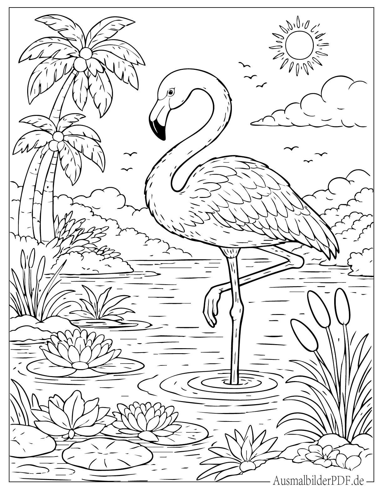 Ausmalbild Flamingo steht auf einem Bein