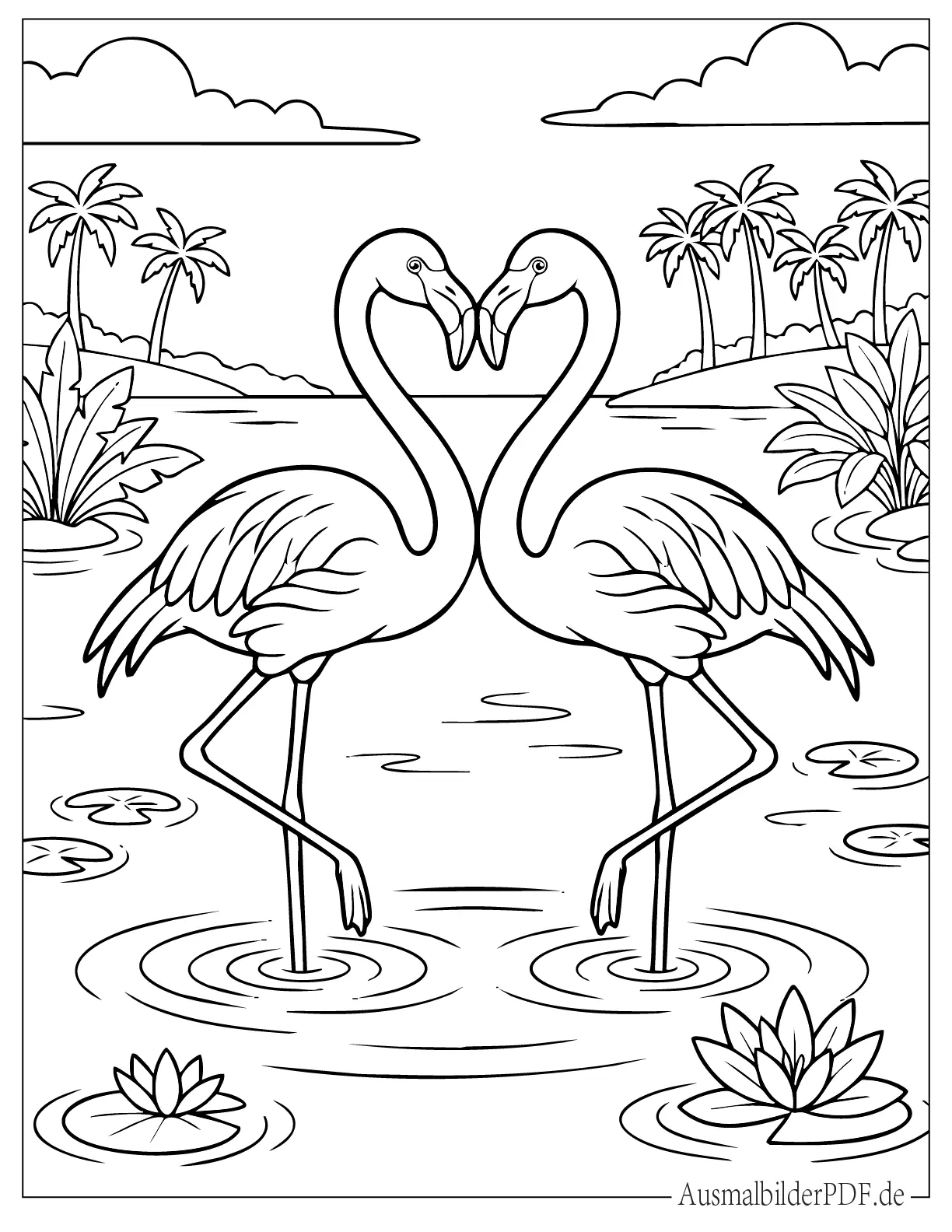 Ausmalbild von zwei Flamingos die mit ihren Hälsen ein Herz formen