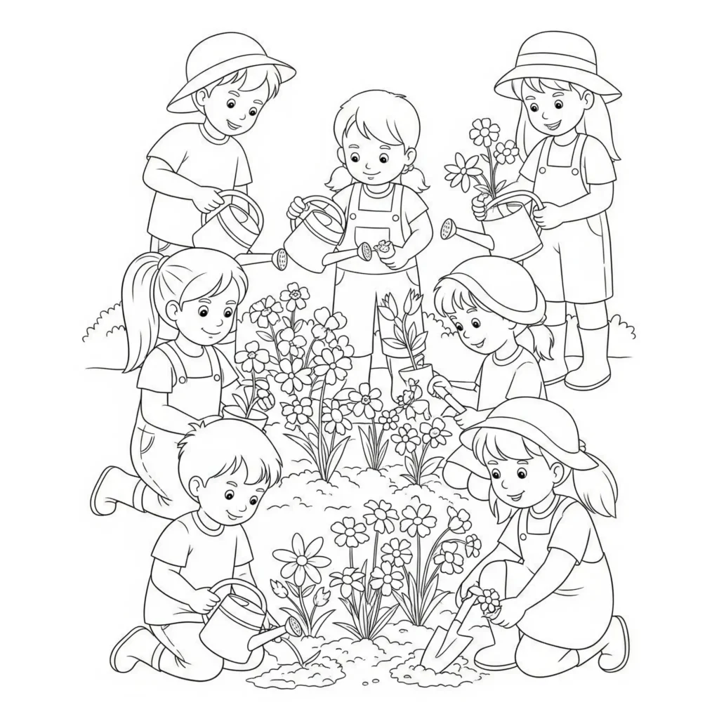 Ausmalbild Frühling zeigt Kinder beim Blumen pflanzen, ideal zum kostenlosen Ausdrucken und Ausmalen für Kinder