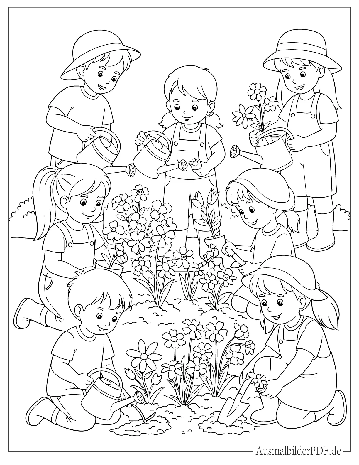 Kinder pflanzen Blumen im Frühling zum Ausmalen