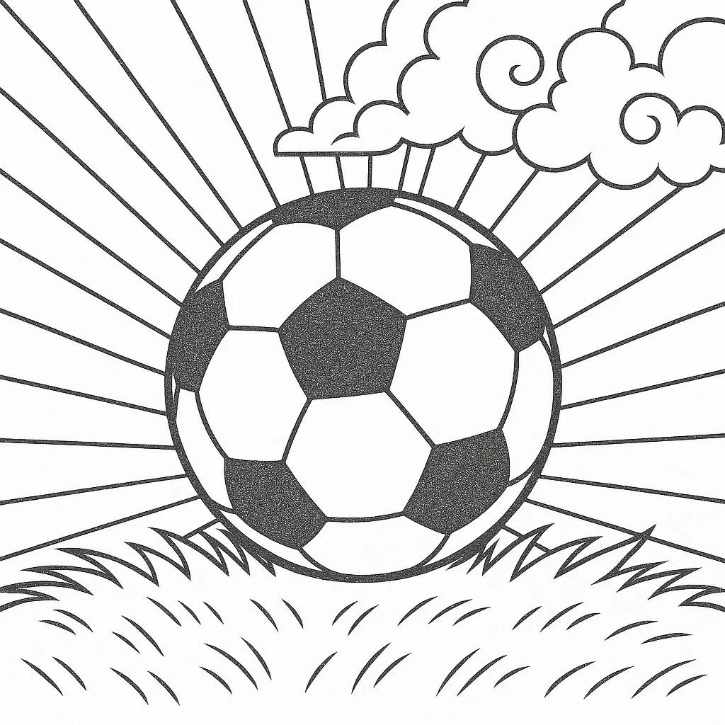 Ausmalbild Fussball– Fußball liegt auf einer Wiese, mit stilisierten Sonnenstrahlen und Wolken im Hintergrund.