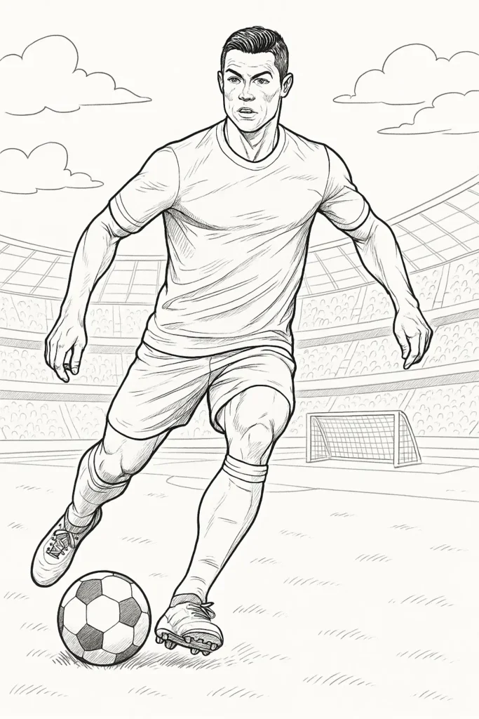 Ausmalbild Cristiano Ronaldo im Stadion beim Dribbling mit Ball, fokussierter Blick, dynamische Körperhaltung, detaillierte Zeichnung.