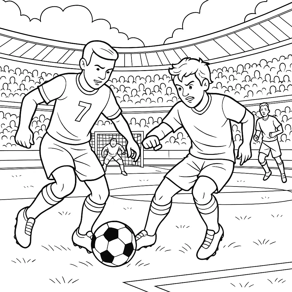 Ausmalbild Fußballspiel im Stadion mit mehreren Spielern im Zweikampf, Torwart vor dem Tor, Zuschauer auf den Tribünen.