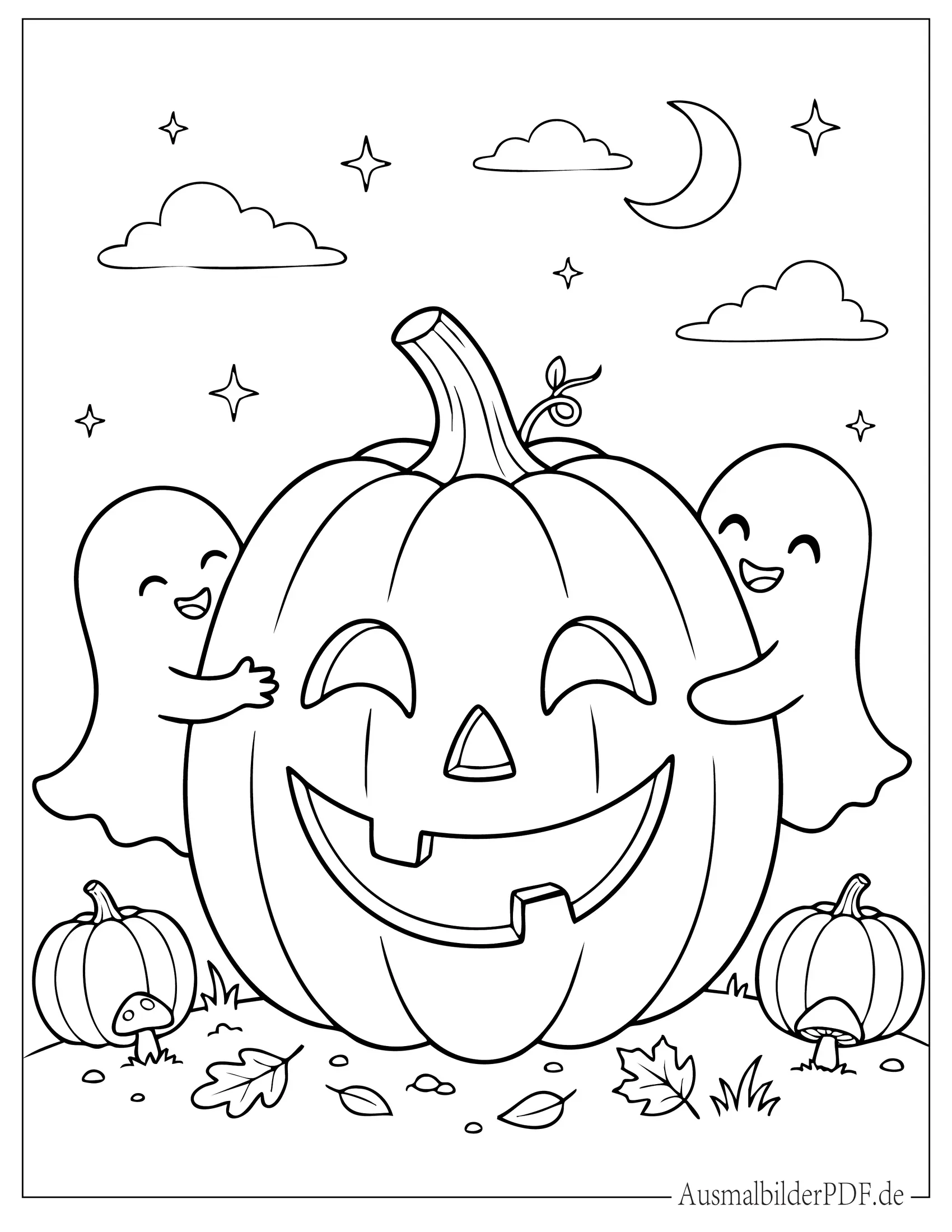 Ausmalbild von Zwei kleine Geister umarmen eine Halloween Kürbislaterne