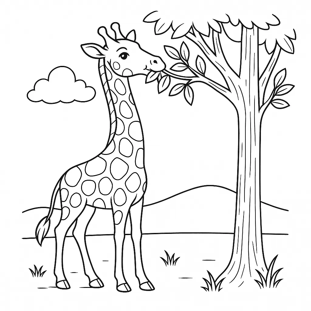 Ausmalbild Giraffe frisst Blätter von einem hohen Baum zum Ausdrucken