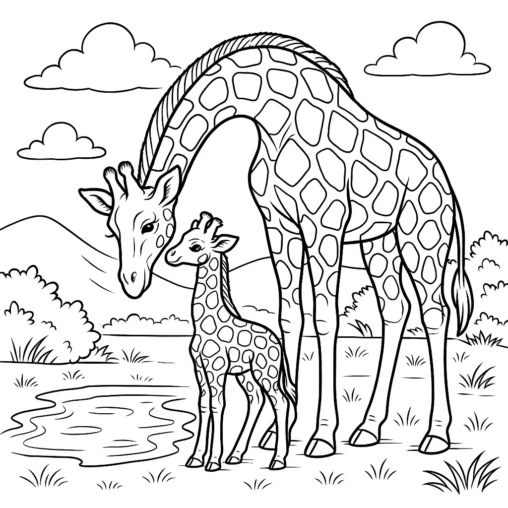 Giraffe Ausmalbild mit Baby – stehende Giraffe mit ihrem Jungtier in der Natur
