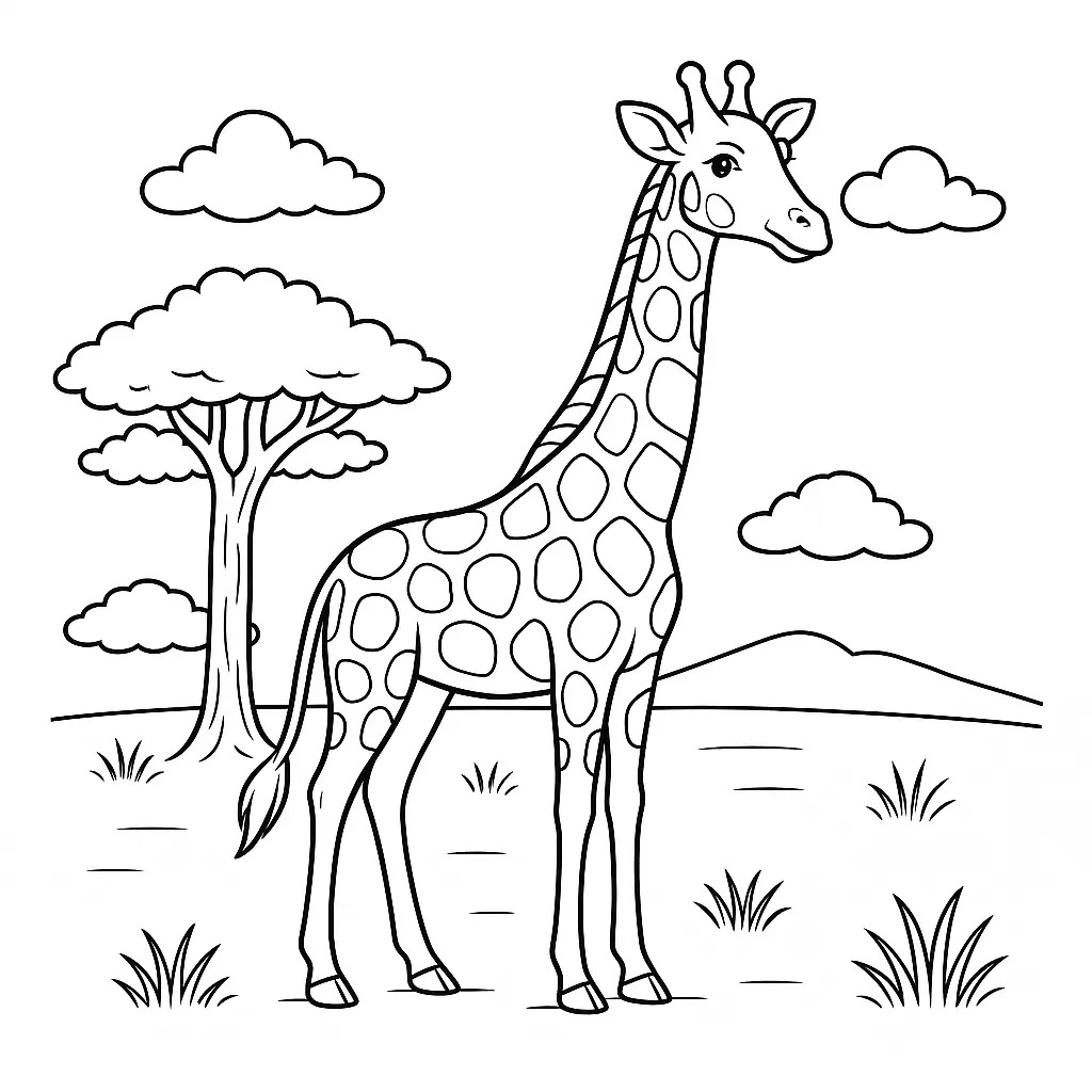 Giraffe Ausmalbild zum Ausdrucken – stehende Giraffe in Landschaft