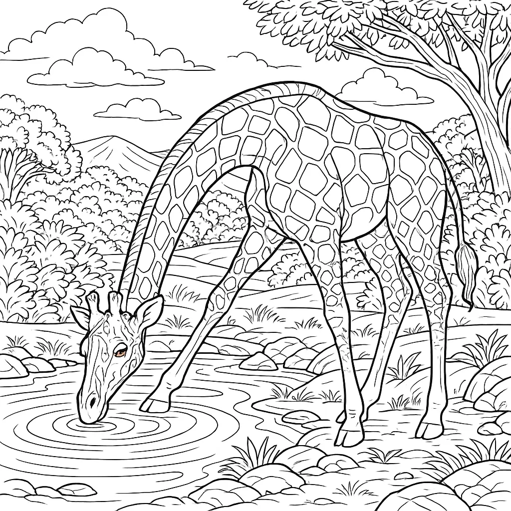 Ausmalbild – Giraffe beugt sich zum Trinken an einem Teich in der Natur