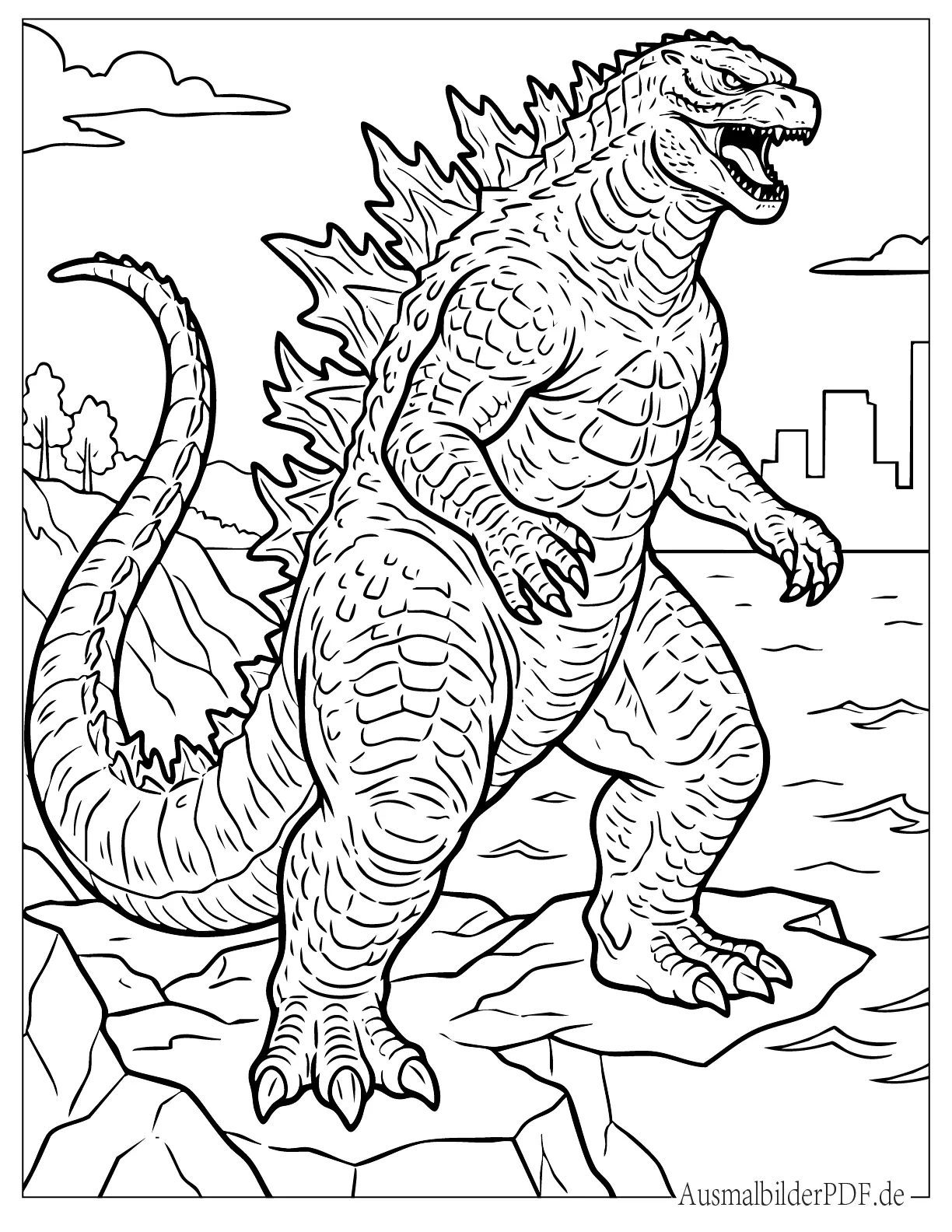 Ausmalbild von großem Godzilla steht auf Klippe