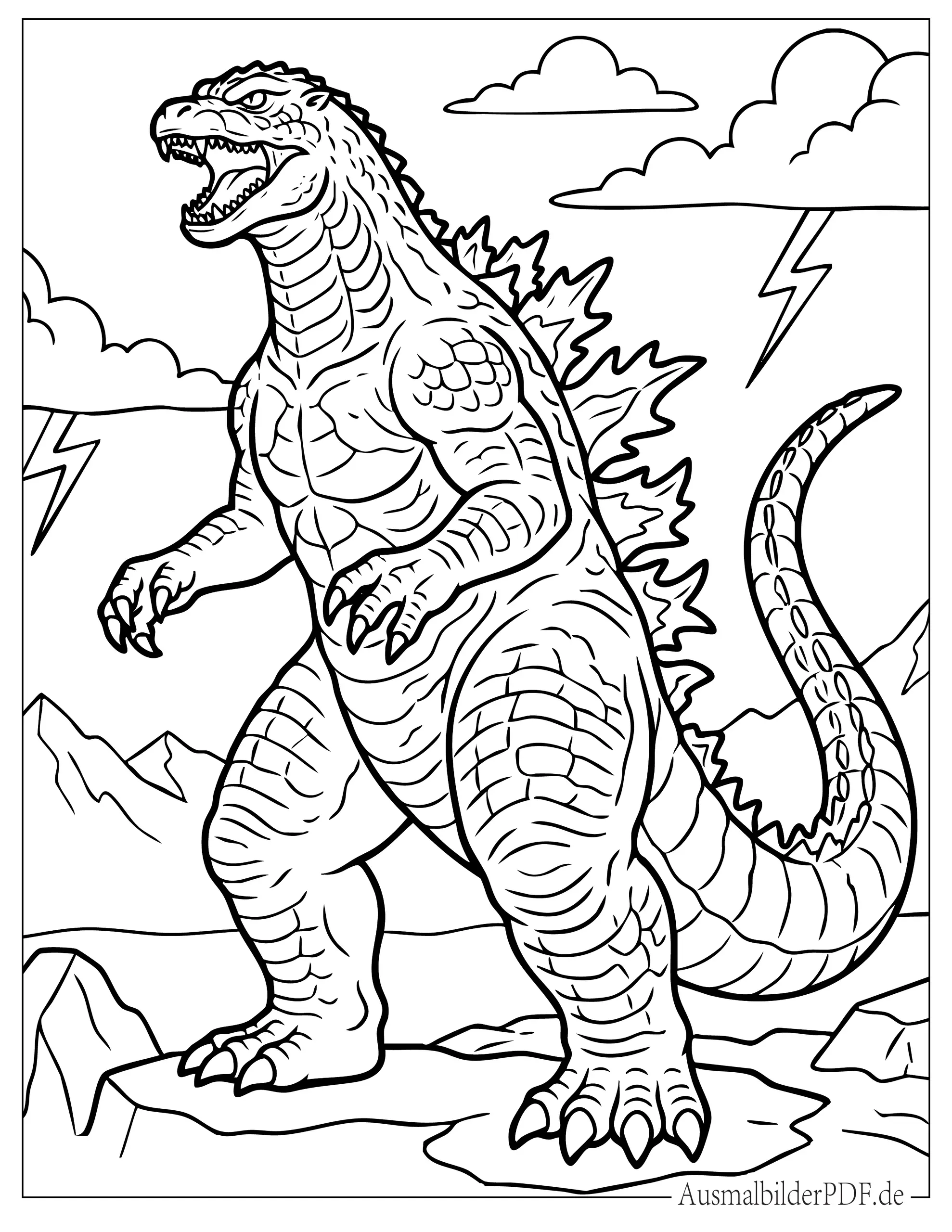 Ausmalbild von detailliertem Godzilla mit Blitz im Hintergrund