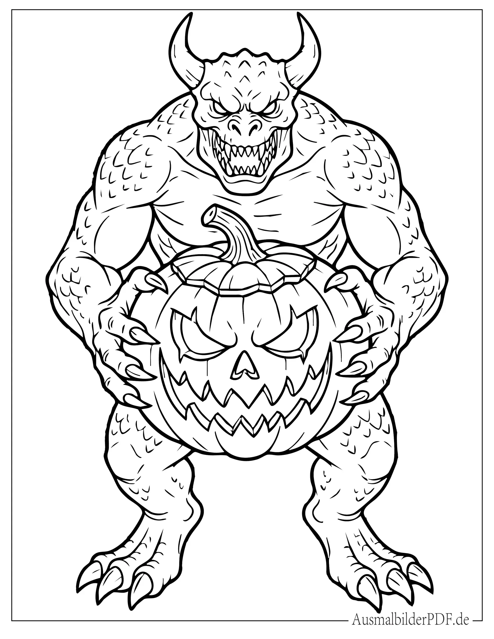 Ausmalbild von gruseligem Monster mit Hörnern hält Kürbislaterne