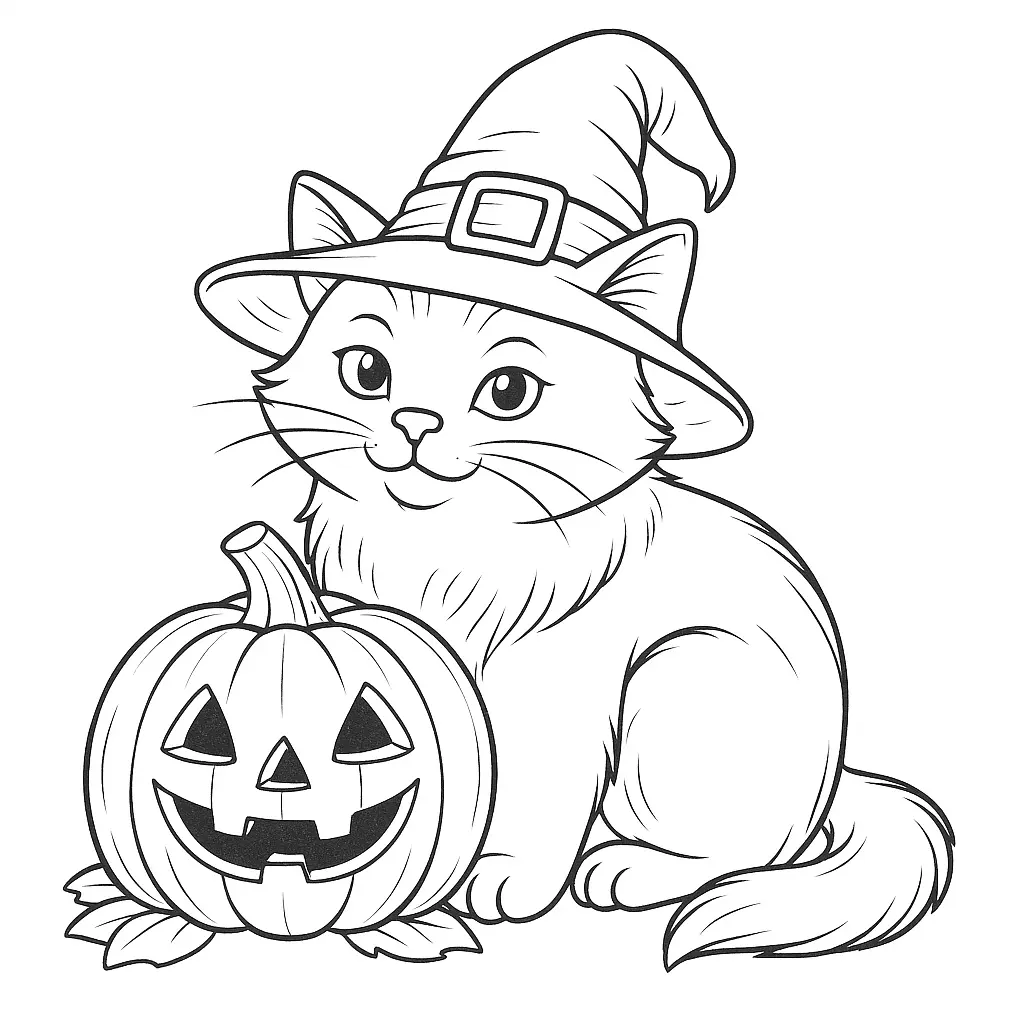 Ausmalbild einer Halloween-Katze mit Hexenhut und Kürbis