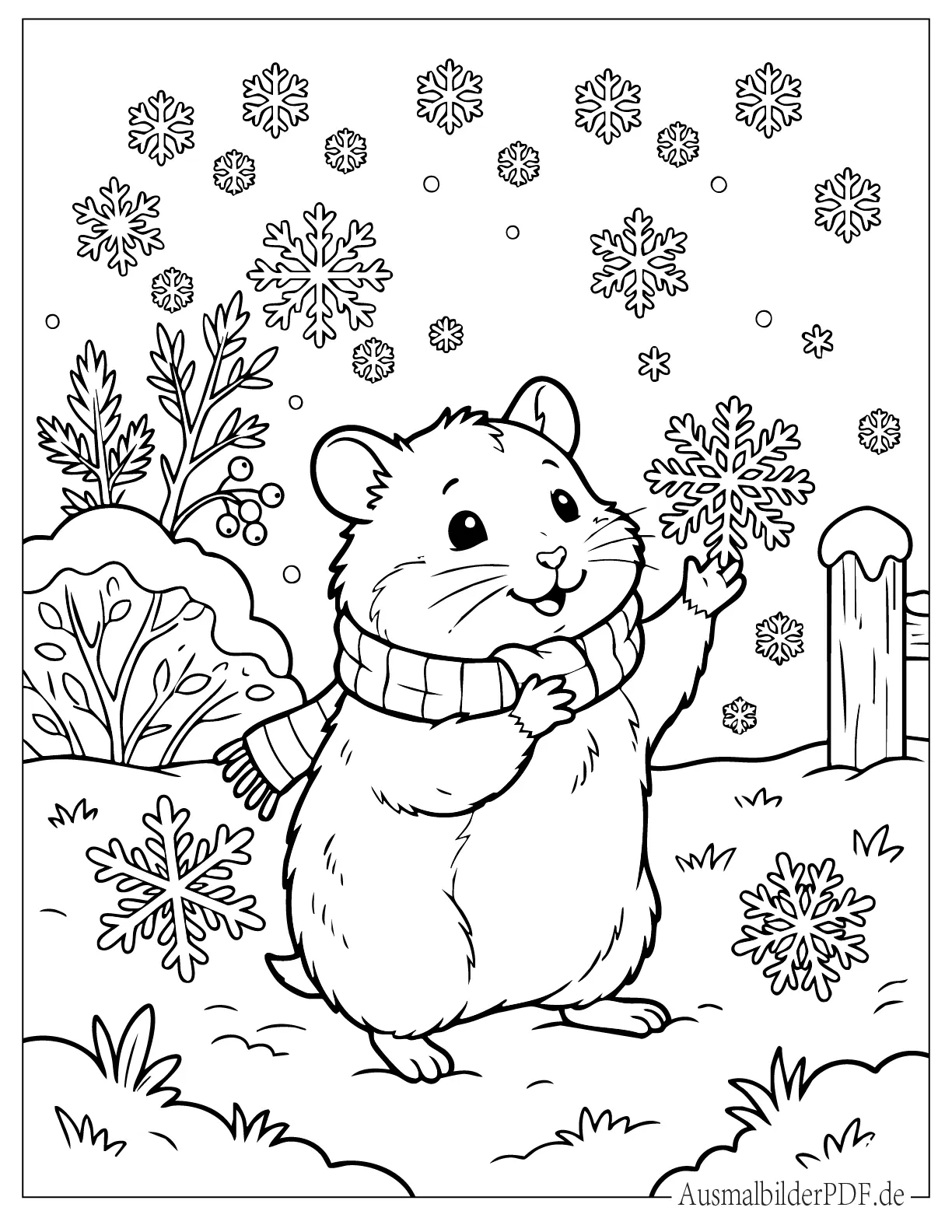 Ausmalbild Hamster im Schal spielt mit Schneeflocken