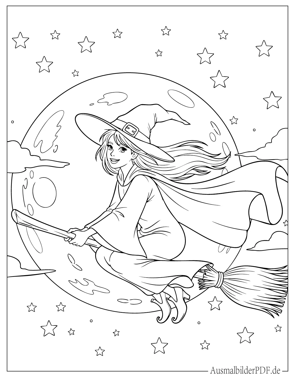 Ausmalbild von Hexe fliegt auf Besen mit Mond im Hintergrund
