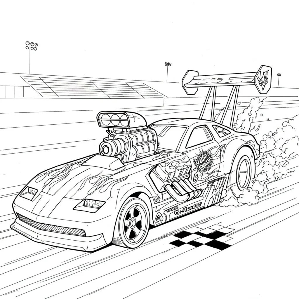 Kostenloses Hot Wheels Dragster Ausmalbild als PDF zum Ausdrucken. Perfekt für Kinder, die schnelle Rennwagen ausmalen möchten.