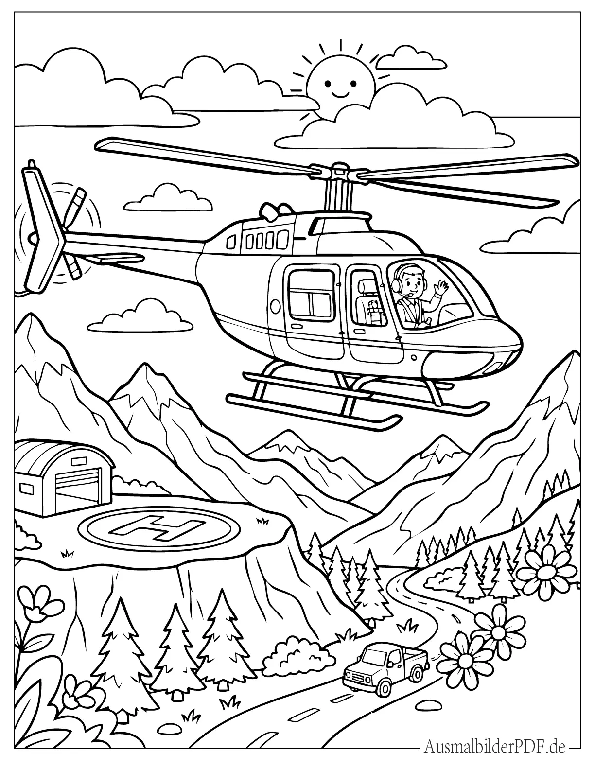 Ausmalbild Hubschrauber startet vom Hubschrauberlandeplatz