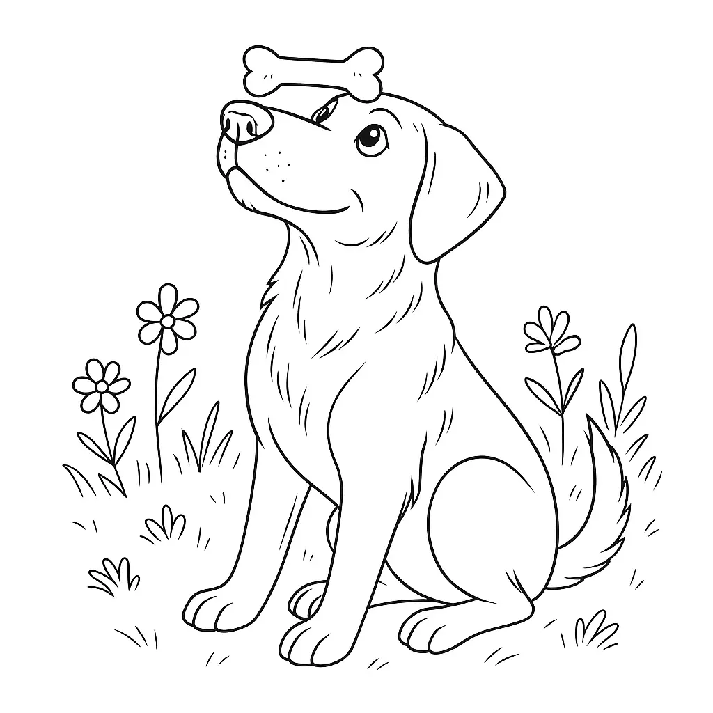 Ausmalbild mit Hund, der ein Leckerli auf seiner Nase balanciert, in einer Wiese mit Blumen