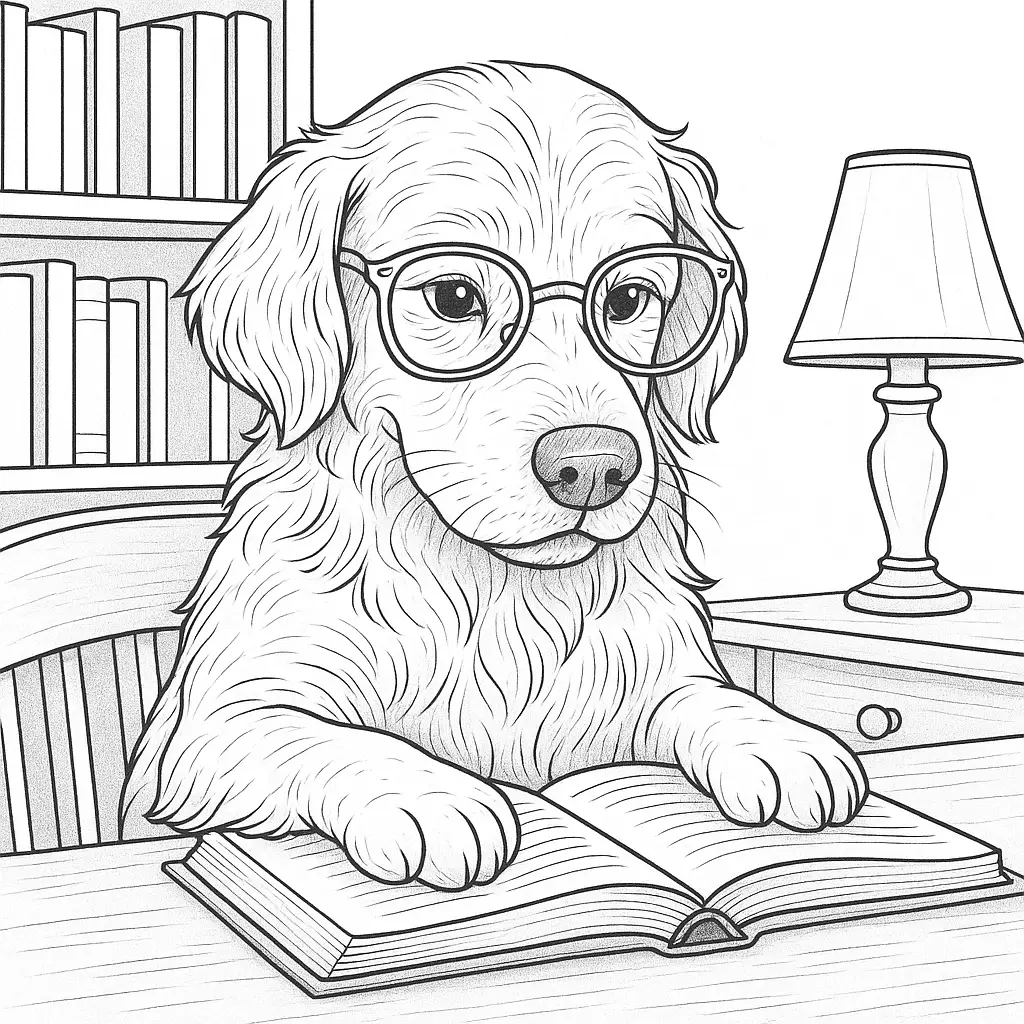 Ausmalbild mit Hund, der eine Brille trägt und ein Buch liest an einem Tisch mit Lampe und Bücherregal