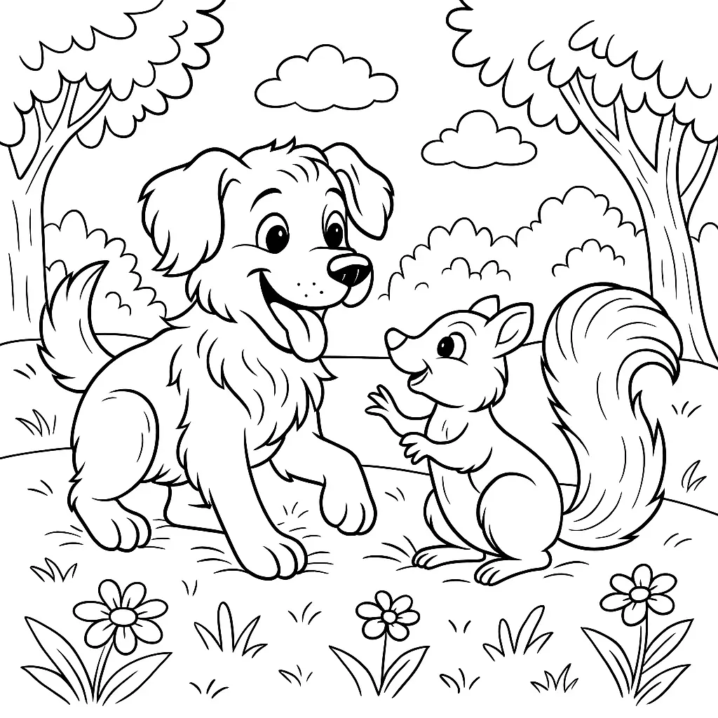 Ausmalbild mit Hund und Eichhörnchen, die gemeinsam in einer Wiese zwischen Blumen und Bäumen spielen