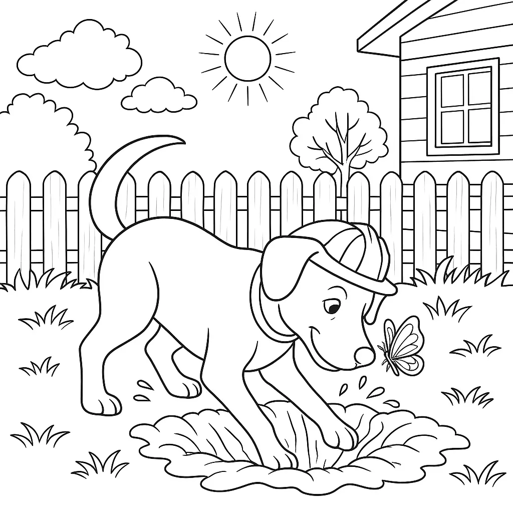 Ausmalbild eines Hundes, der im Garten ein Loch gräbt, vor einem Zaun und Haus