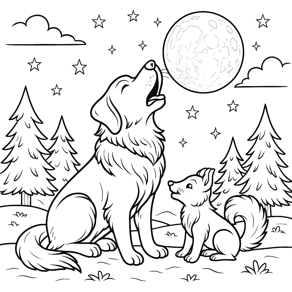 Ausmalbild mit Hund, der in einer Waldlandschaft den Mond anheult, umgeben von Sternen und Bäumen