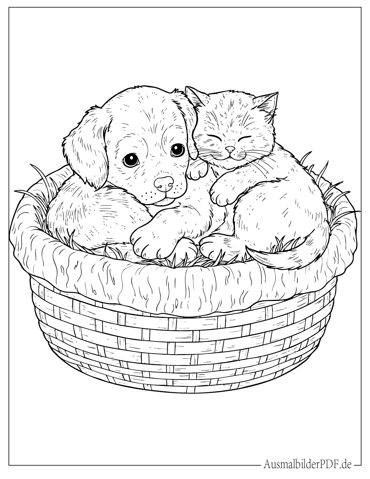 16 Ausmalbilder Welpen (Gratis Druckvorlagen zum Download) Ausmalbild von einem Welpen und einer Katze, die zusammen in einem gemütlichen Bett kuscheln, ideal für Kinder zum Ausdrucken