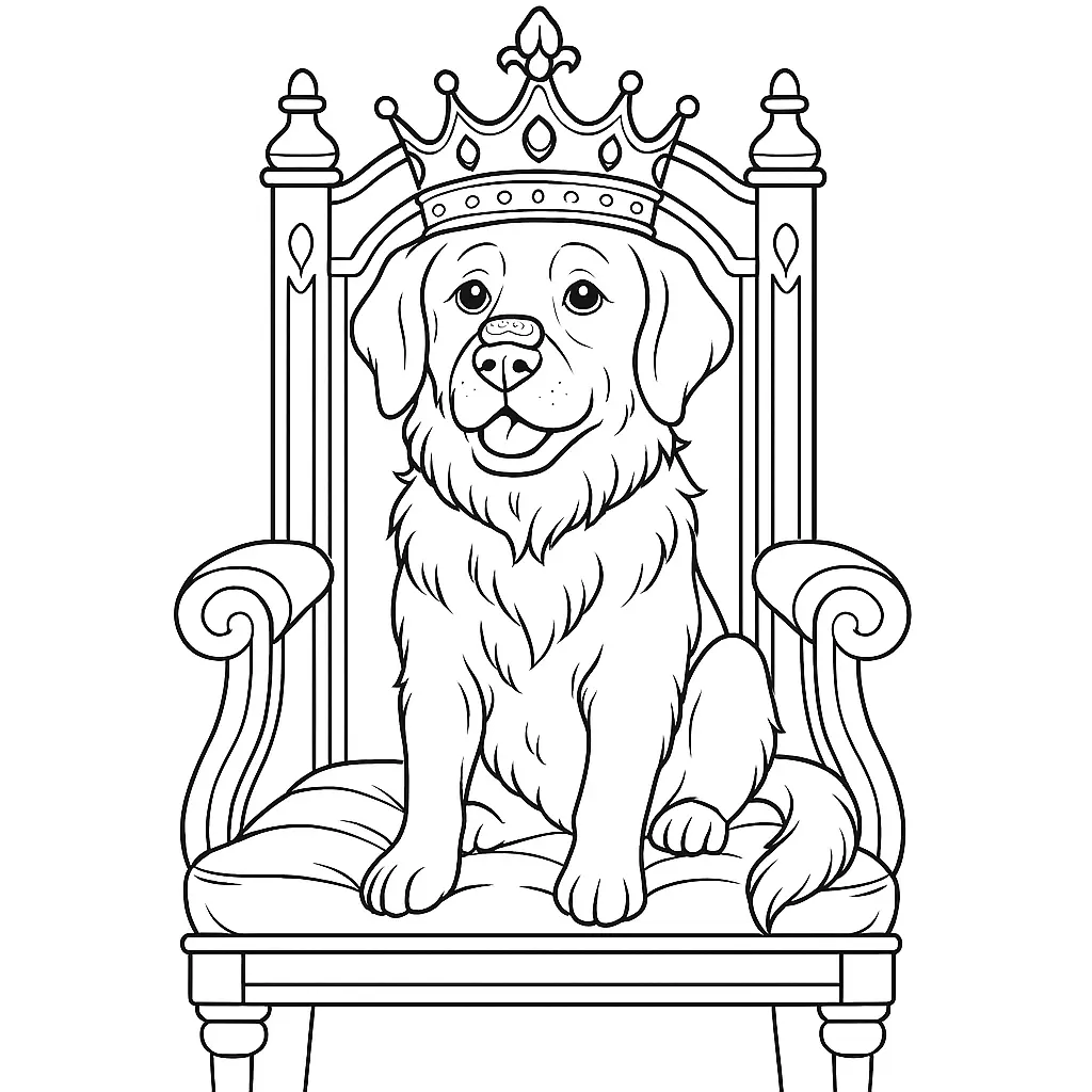 Ausmalbild mit Hund, der eine Krone trägt und majestätisch auf einem Thron sitzt