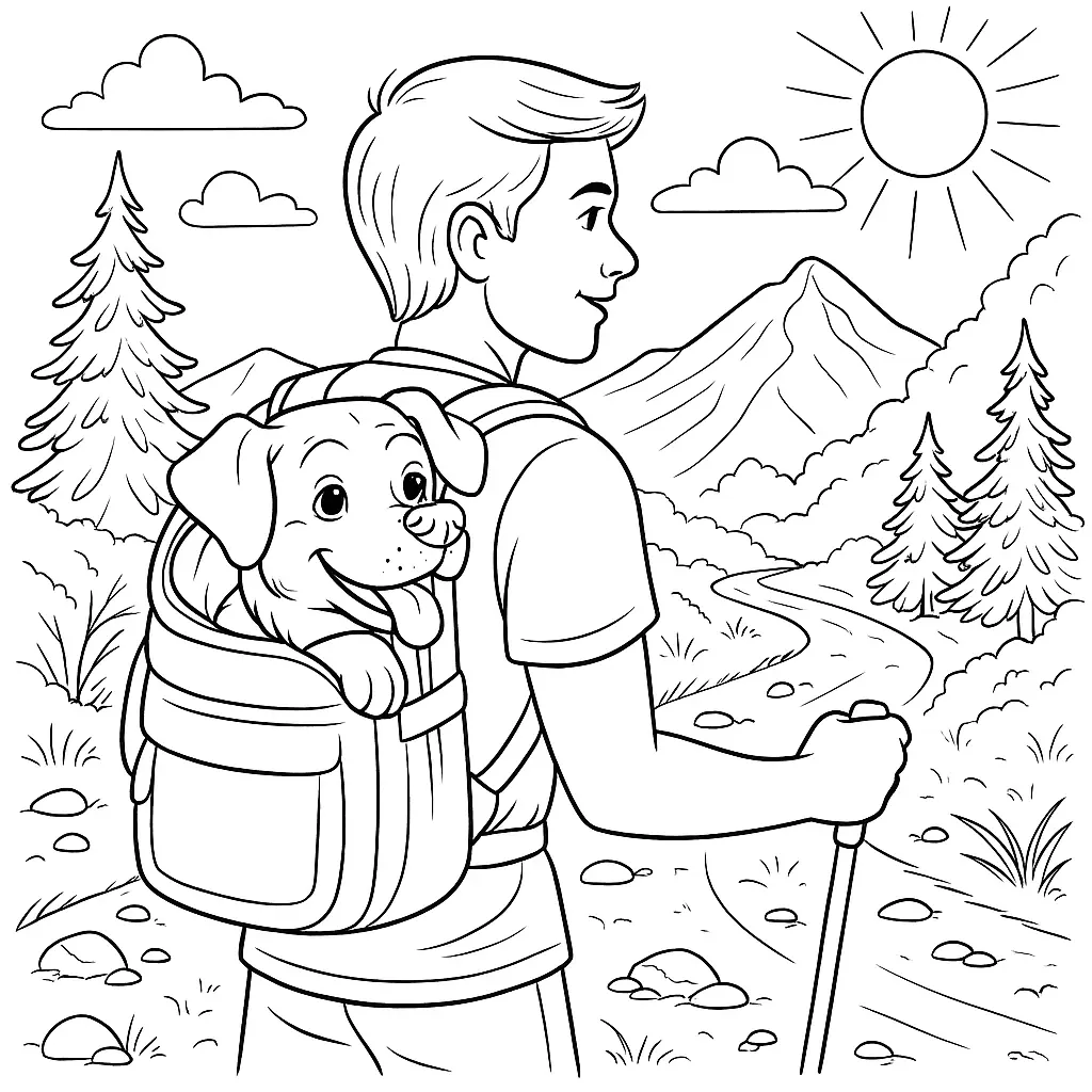 Ausmalbild mit Hund im Rucksack auf einem Wanderweg in den Bergen bei Sonnenschein