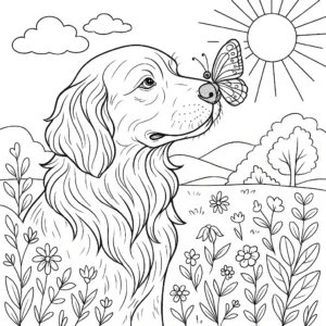 Ausmalbild mit Hund und Schmetterling auf der Nase in einer blühenden Landschaft