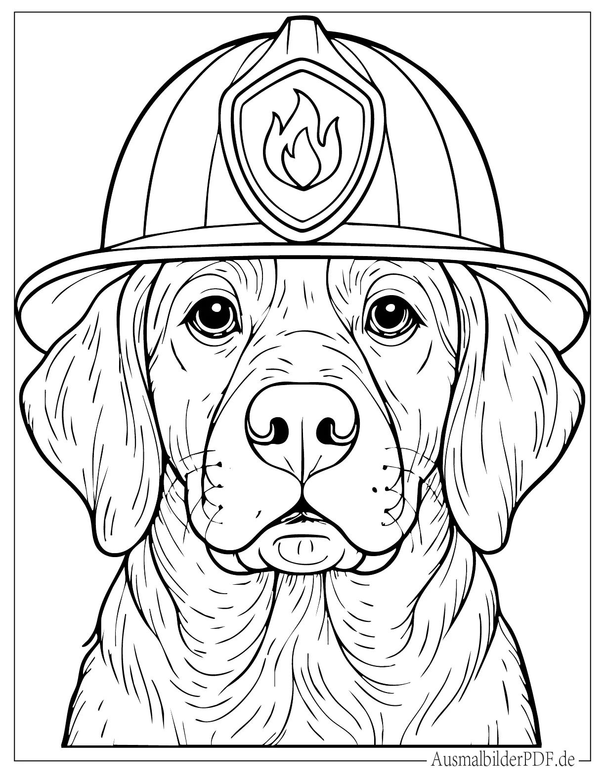 Ausmalbild von Hund trägt Feuerwehrhelm