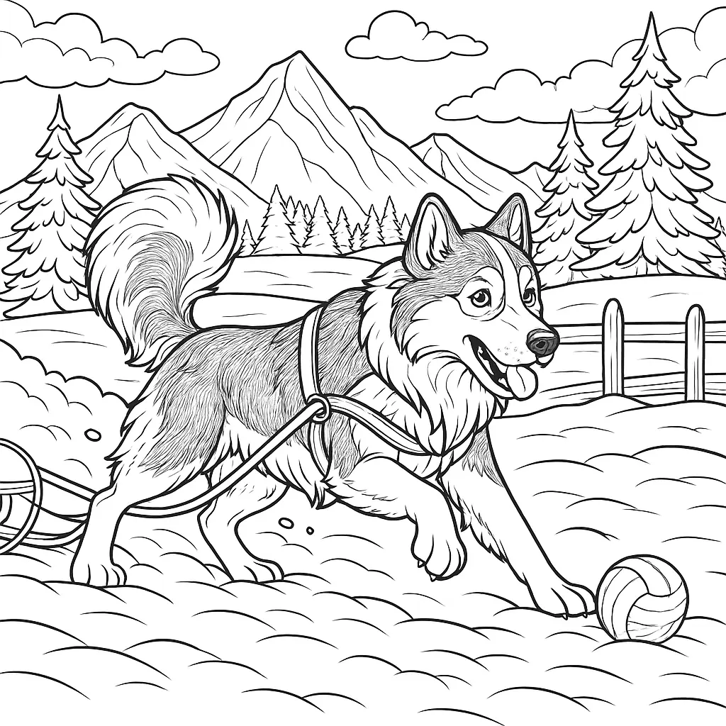 Ausmalbild mit Husky, der durch verschneite Landschaft einen Schlitten zieht, umgeben von Bergen und Tannen