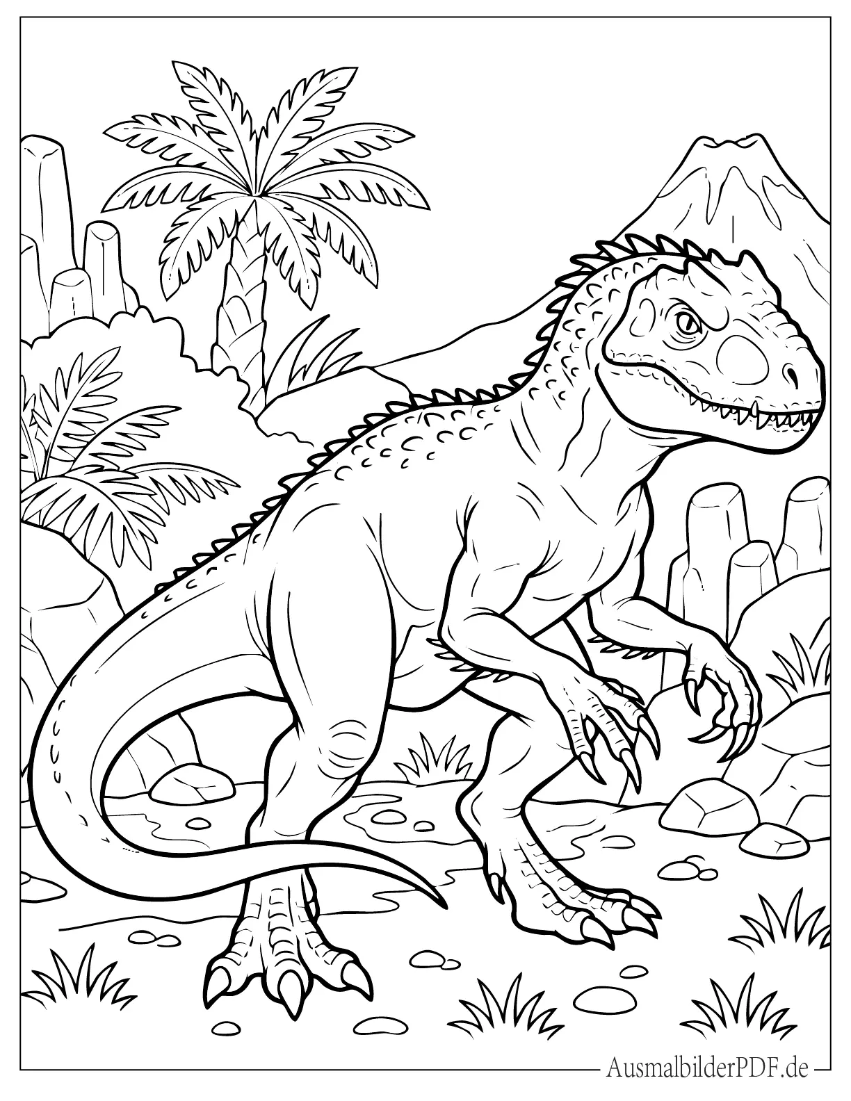 Ausmalbild Indominus Rex in der Wildnis mit Vulkan im Hintergrund