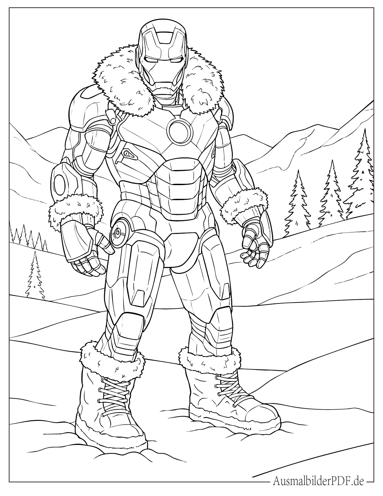 Ausmalbild Iron Man trägt Winterausrüstung im Schnee