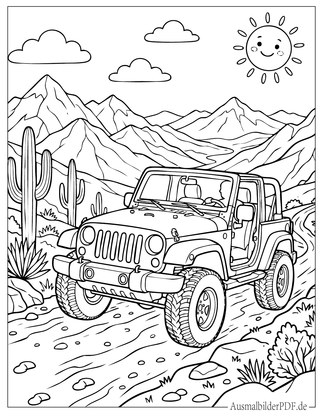 Ausmalbild realistischer Jeep fährt auf Wüstenstraße