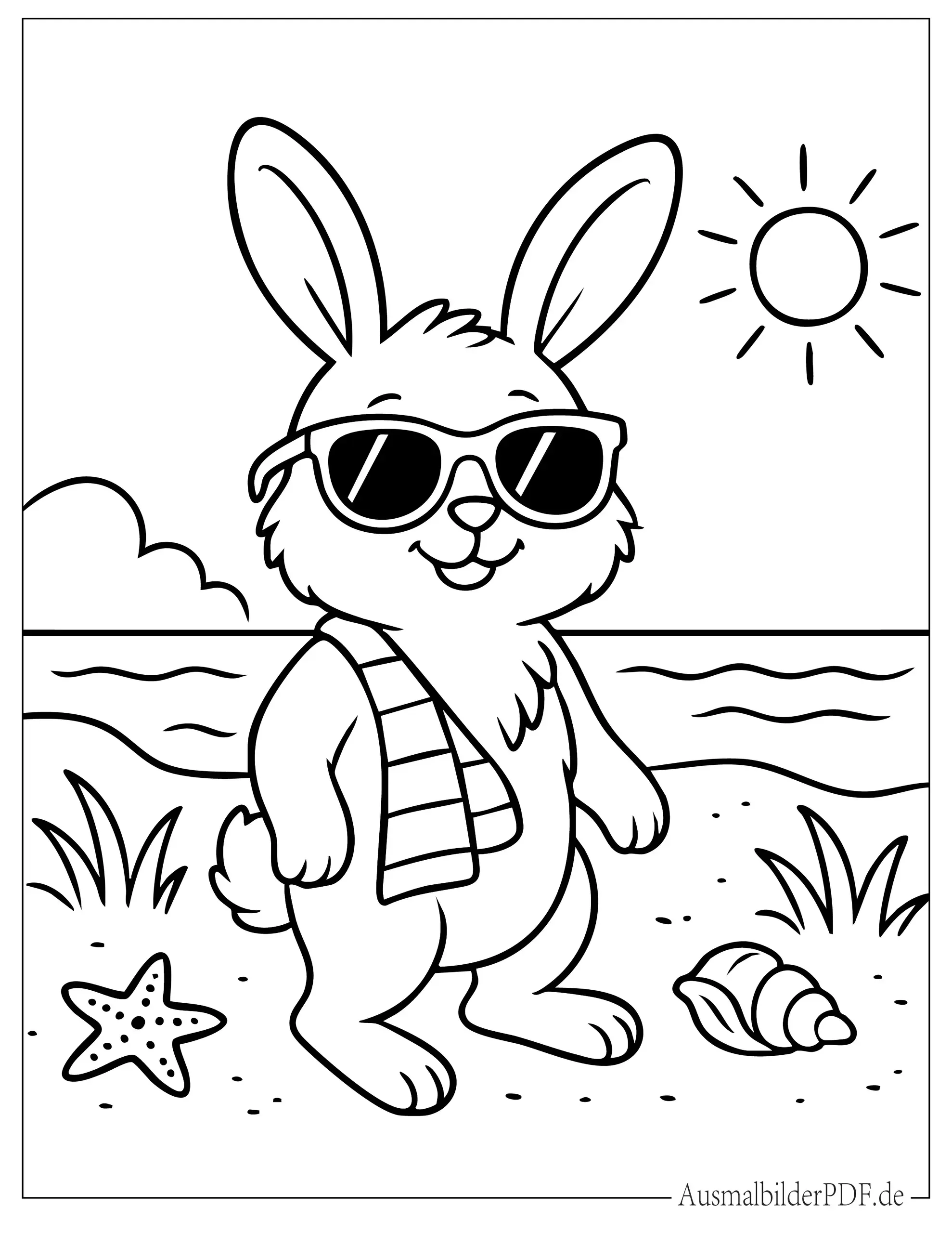 Ausmalbild Sommer Kaninchen trägt Sonnenbrille am Strand
