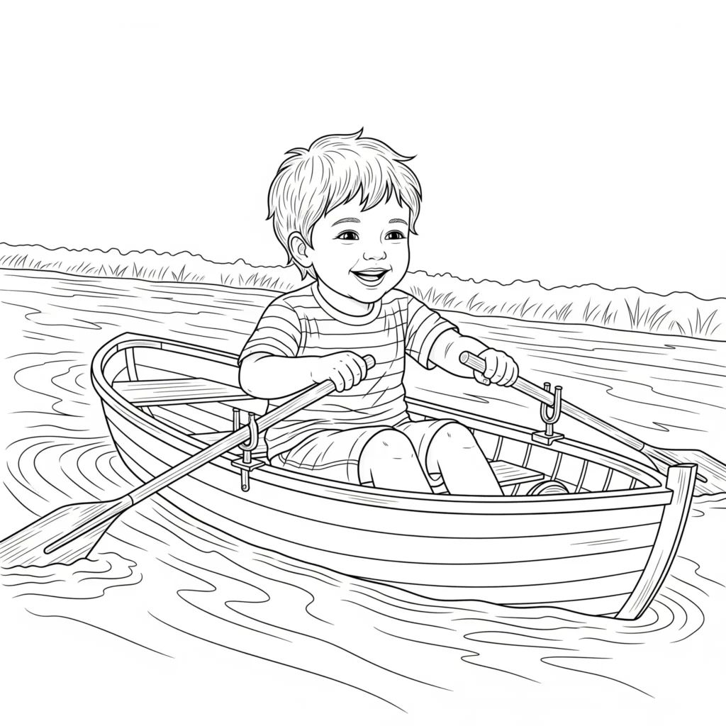 Boot Ausmalbilder (Kostenlos Malvorlage zum Ausdrucken) Cartoon Ruderboot mit einem Kind im Boot auf ruhigem Wasser als freundliches Ausmalbild für Kinder zum kreativen Ausmalen