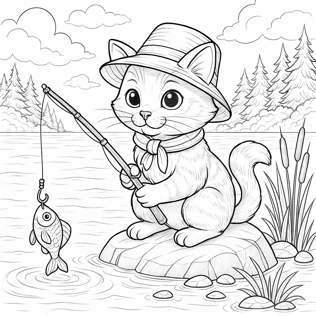 Ausmalbild einer Katze mit Angelrute und Hut, die auf einem Stein am See angelt