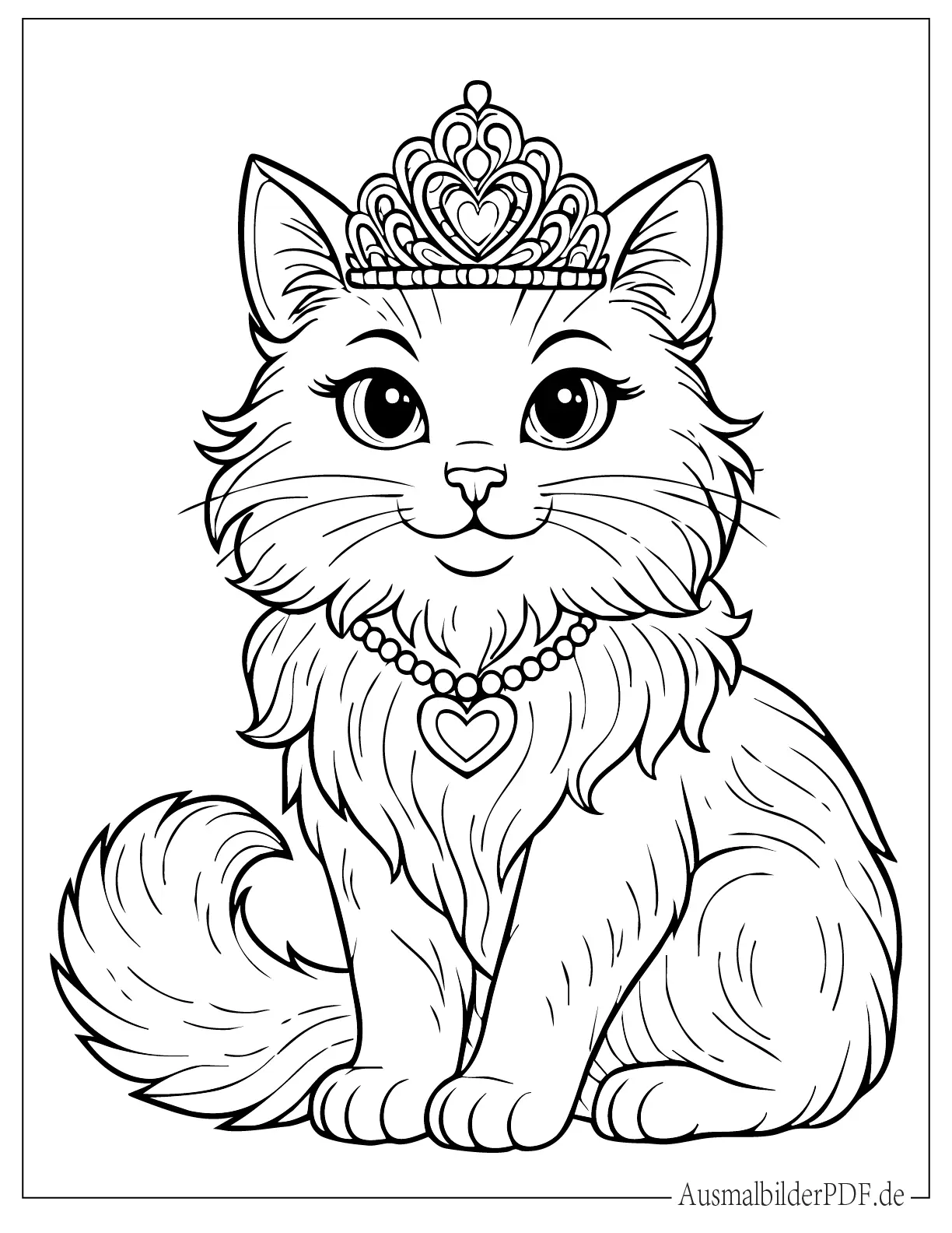 Ausmalbild von lieblicher Prinzessin Katze trägt eine Tiara